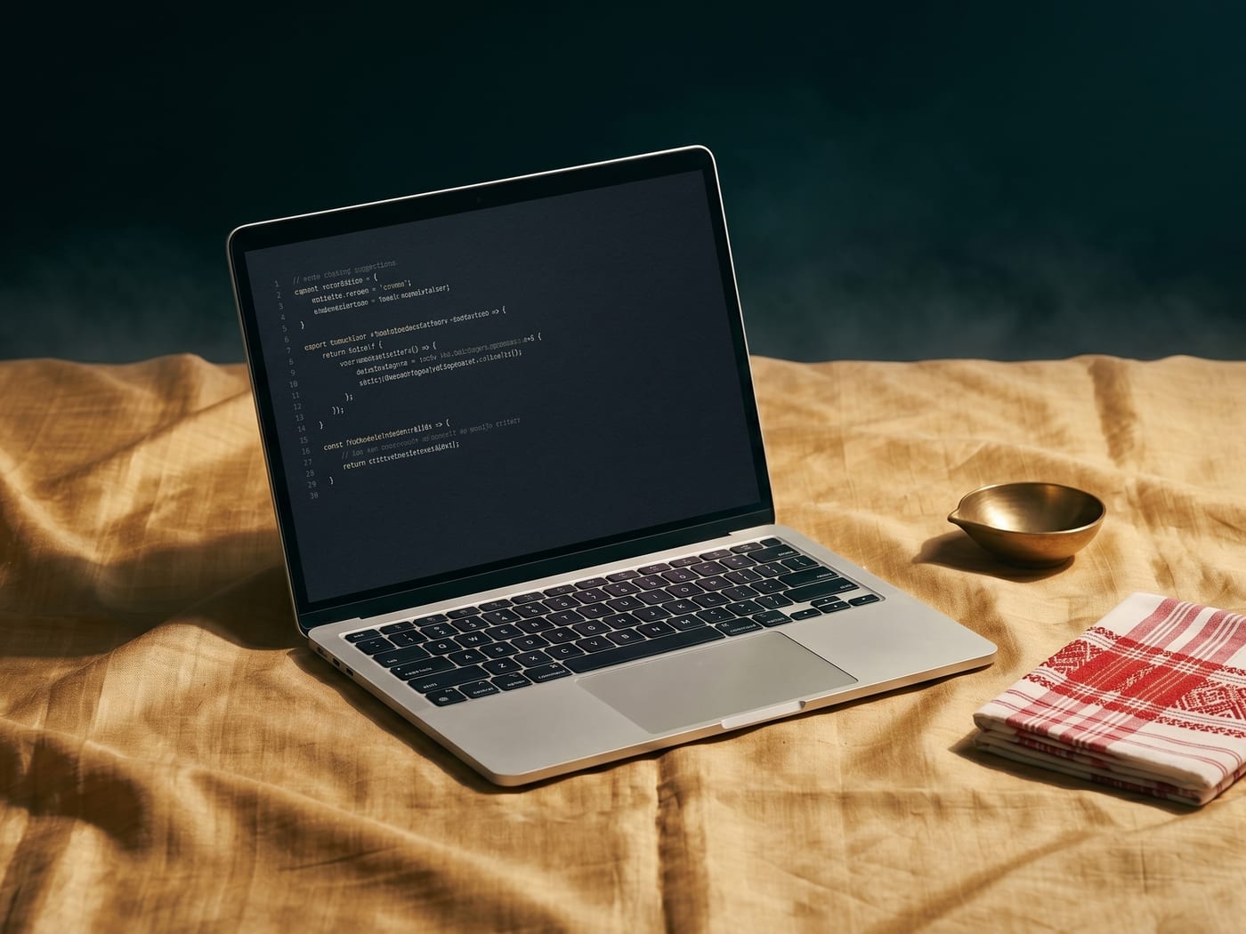 silver laptop with dark code editor sitting on golden muga silk, with an assamese gamosa and a brass diya beside it